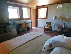 um quarto com uma cama, uma secretária e janelas em Ca' Dei Ste em Valle