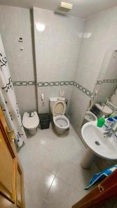 Baño pequeño con aseo y lavamanos en Room in an apartment en Granada