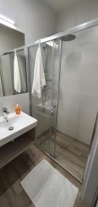La salle de bains est pourvue d'une douche en verre et d'un lavabo. dans l'établissement VOJCAR Apartments, à Rewal