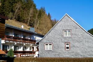 a house with a gray roof next to a building at Pension zum Ritter in Katzhütte