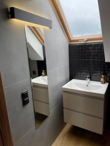 a bathroom with a sink and a mirror at Śródka Boutique Hotel in Poznań