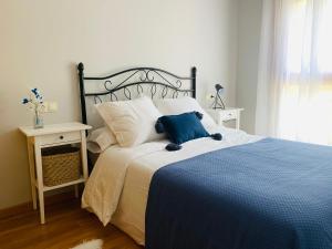 1 dormitorio con 1 cama grande y edredón azul en Apartamento Rio San Isidro 2 en Felechosa