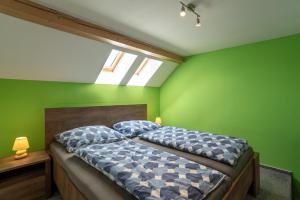 a bedroom with a bed with green walls and skylights at Saeli Apartments in Mikulov