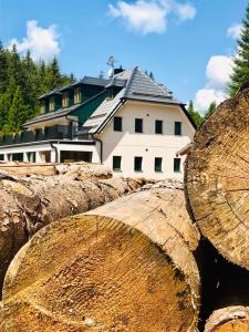 een groot huis op de achtergrond met houtblokken bij Chata pod Obřím hradem in Nicov