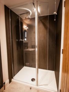 a shower with a glass door in a bathroom at Central Plymouth Georgian Apartment - Sleeps 5 - Private Parking - By Habita Property in Plymouth