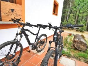 Vallicciola Nature Hotel في تيمبيو باوسانيا: دراجة سوداء متوقفة أمام المبنى