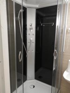 La salle de bains est pourvue d'une douche avec une porte en verre. dans l'établissement Arany Bárány Vendégfogadó, à Letenye