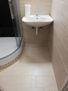 La salle de bains est pourvue d'un lavabo blanc et d'une douche. dans l'établissement Arany Bárány Vendégfogadó, à Letenye