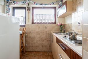 een kleine keuken met een wastafel en een raam bij Pawlikówka 2 in Zakopane