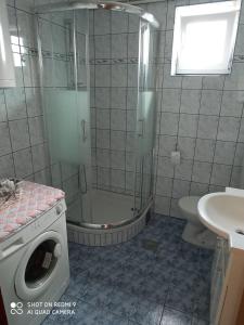 a bathroom with a shower and a washing machine at Apartment LIKA in Gospić