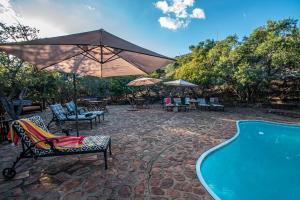 a patio with chairs and an umbrella and a pool at Dinkweng Safari Lodge in The Waterberg Biosphere