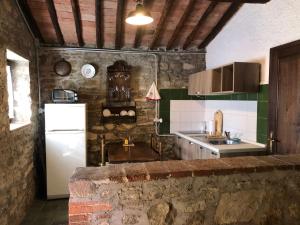 La cuisine est équipée d'un réfrigérateur blanc et d'un évier. dans l'établissement Podere Pruneto, à Radda in Chianti