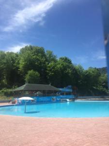 a large swimming pool with an umbrella and a bus at Vila Jakovljević in Jošanička Banja