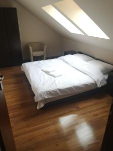 1 dormitorio con 1 cama blanca grande y tragaluz en Adlerek Krynica, en Krynica Morska