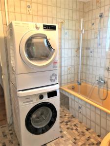 pralka i pralka w łazience w obiekcie Ferienhaus am Traunsee mit Bergsicht w mieście Traunkirchen