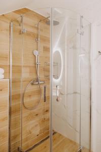 上魯日巴希的住宿－SKRI Villa Ružbachy，浴室里设有玻璃门淋浴