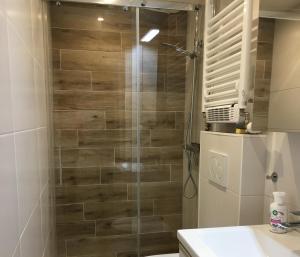 a shower with a glass door in a bathroom at Gite à Eguisheim proche de Colmar et Kaysergberg. in Eguisheim +30 photos