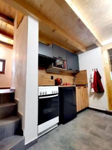 a kitchen with black appliances and wooden ceilings at Chata u Horalíků in Humenice +25 photos