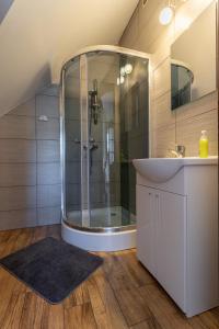 a bathroom with a shower and a sink at Hortensja Pokoje Gościnne in Krościenko