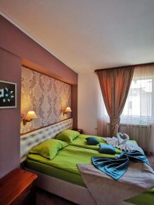 a bedroom with a large bed with green pillows at Zigen House in Bansko