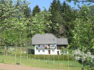 una casa bianca dietro una recinzione in un campo di Ferienhaus Mesnerhaus Steuerberg a Feldkirchen in Kärnten
