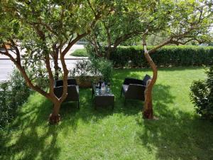 un giardino con tavolo e sedie tra due alberi di Apartments Nika a Cavtat