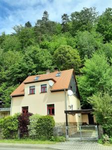 una casa con techo con árboles en el fondo en Ferienhaus Jahrhundertreisen, en Bad Schandau