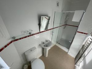 
a bathroom with a toilet, sink, and bathtub at Colebrooke House in Beer
