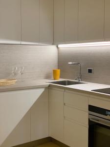 Fifty Eight Suite Milan Brera في ميلانو: مطبخ مع دواليب بيضاء ومغسلة