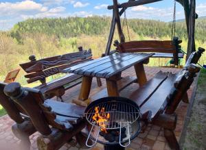 a picnic table and a fire pit with a grill at Ranczo Targoszów in Targoszów