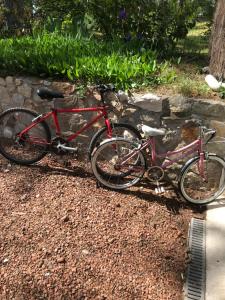 two bikes are parked next to a stone wall at Maison Sapinettes in Quend