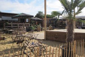 a patio with tables and chairs and a palm tree at Longère Touraine Anjou in Hommes