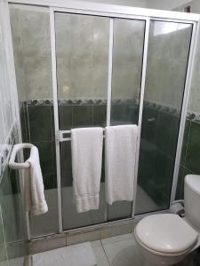 a bathroom with a shower with towels and a toilet at Hospedaje Villa Naloy in Santa Marta