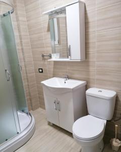 a bathroom with a toilet and a sink and a shower at Karbula Apartments & Villa in Mavrovo +92 photos