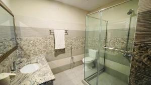 y baño con ducha, lavabo y aseo. en Golden Sand Hotel Rahim Yar Khan, en Rahimyar Khan