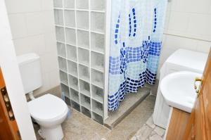 a bathroom with a toilet and a shower curtain at Agroturystyka Rogoznia in Rogóżnia