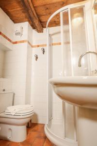 y baño con ducha, aseo y lavamanos. en B&B Luna & Stelle, en Villafranca in Lunigiana