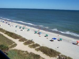 a beach filled with lots of beach chairs and umbrellas at Club Regency at Regency Towers in Myrtle Beach
