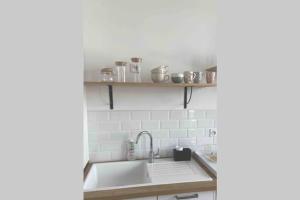 a kitchen with a sink and a shelf on the wall at Sur le bord du quai in Sète