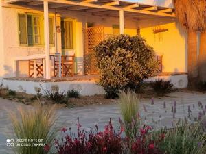 a yellow house with a porch with chairs and flowers at Sunset Studios & Rooms in Antiparos