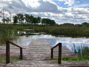 un puente de madera sobre un cuerpo de agua en Srokowski Dwór 1 - Leśny Zakątek - Prywatna Sauna!, en Srokowo