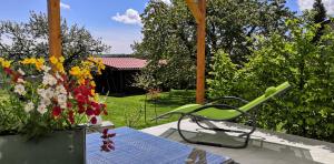 una silla verde sentada sobre una mesa en un jardín en Ferienhaus Diana im Harz, en Mansfeld