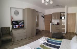 Cette chambre comprend un lit, une télévision et une cuisine. dans l'établissement Sunrise Studio - DeSilva Residence Mamaia Nord, à Mamaia