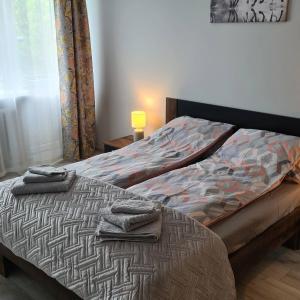 1 dormitorio con 1 cama con toallas en Vogue In, en Anykščiai