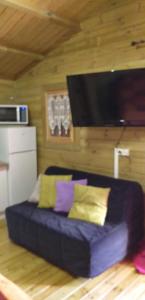 a couch in a living room with a flat screen tv at gite Labarcarole in Lillers