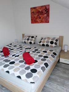 uma cama com duas almofadas vermelhas num quarto em Ferienwohnung Pusteblume Müddersheim Vettweiß em Vettweiß