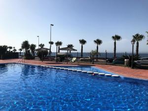 una gran piscina con palmeras y el océano en Apt SeasideJoy - Cabo Roig, Alicante, Costa Blanca, en Orihuela Costa