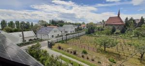 arial view of a town with a vineyard and buildings at Nagy Vendégház in Badacsonytomaj