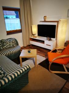 a living room with a couch and a television at Stadl Suite in Sankt Margarethen im Lavanttal