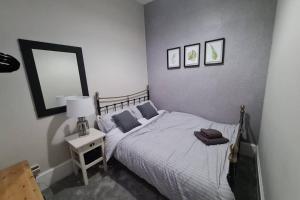 a bedroom with a bed with a lamp and a mirror at North Coast Property - North Coast Cottage in Thurso